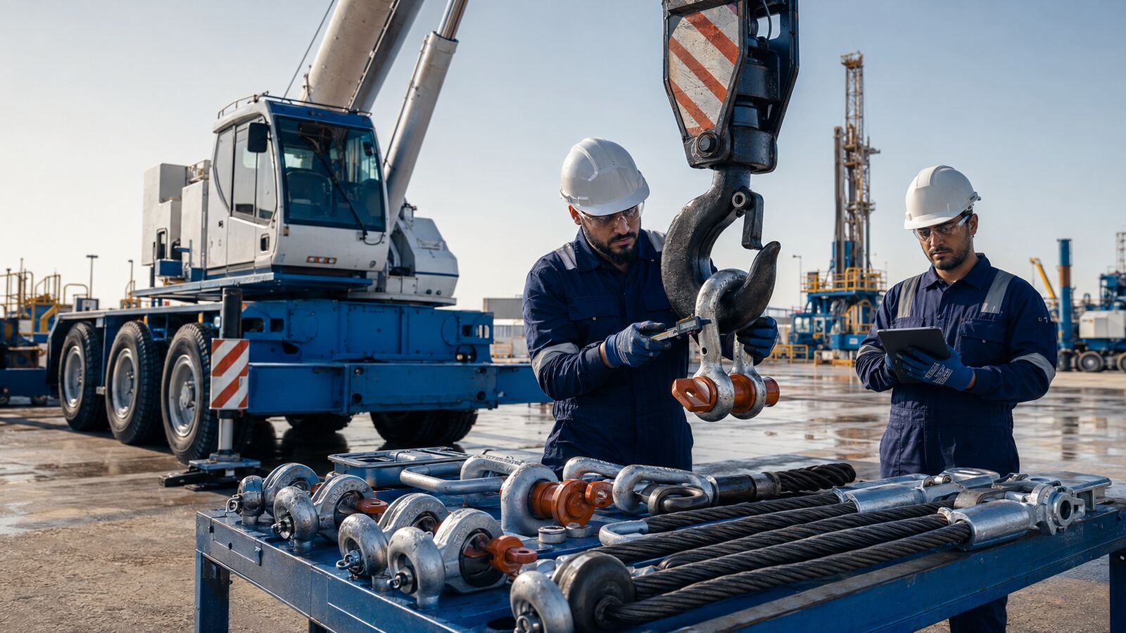 Inspectors checking mobile crane lifting gear